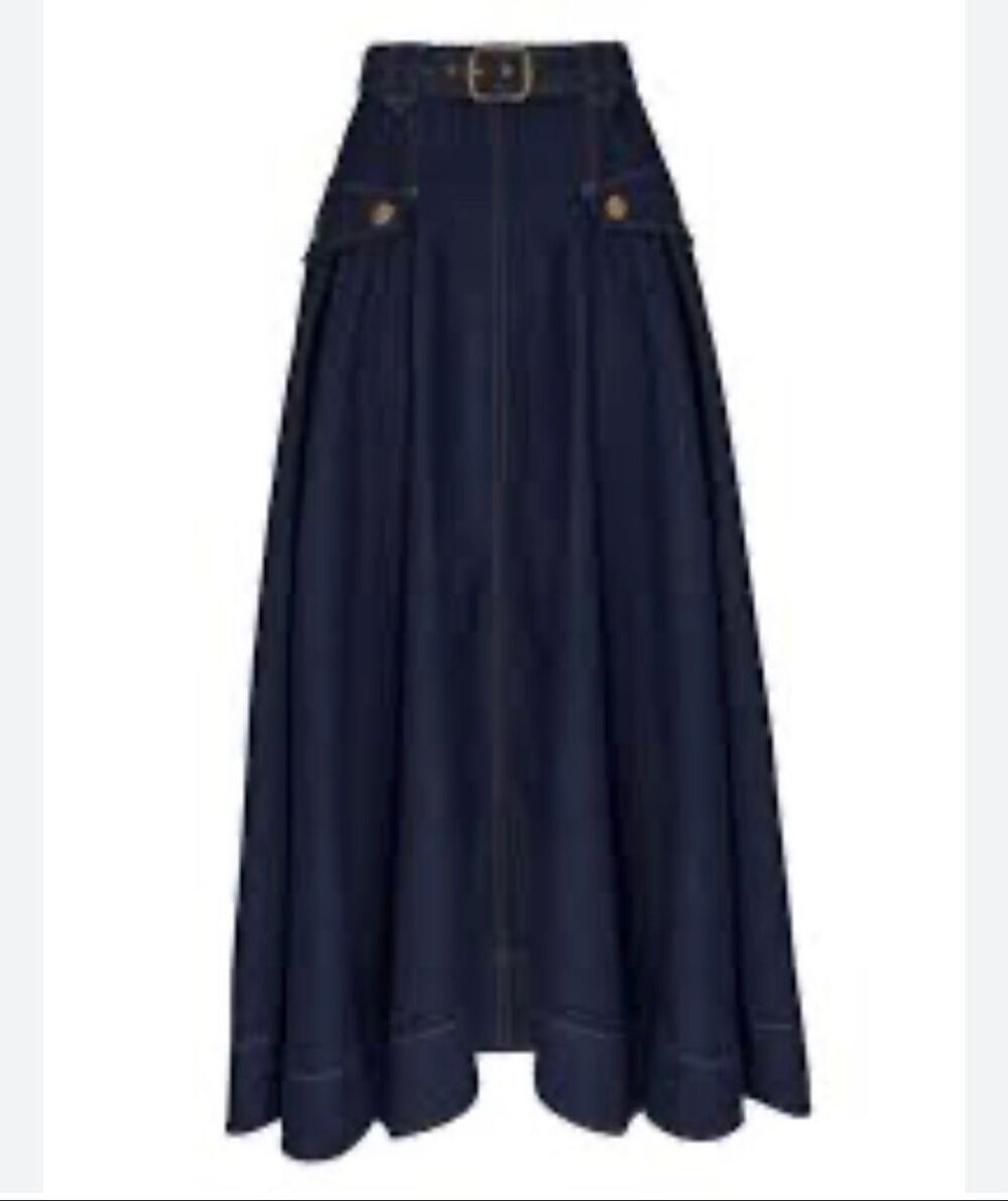 Original Design Dark Wash Denim Maxi Skirt Linen Blend Belted NWT M